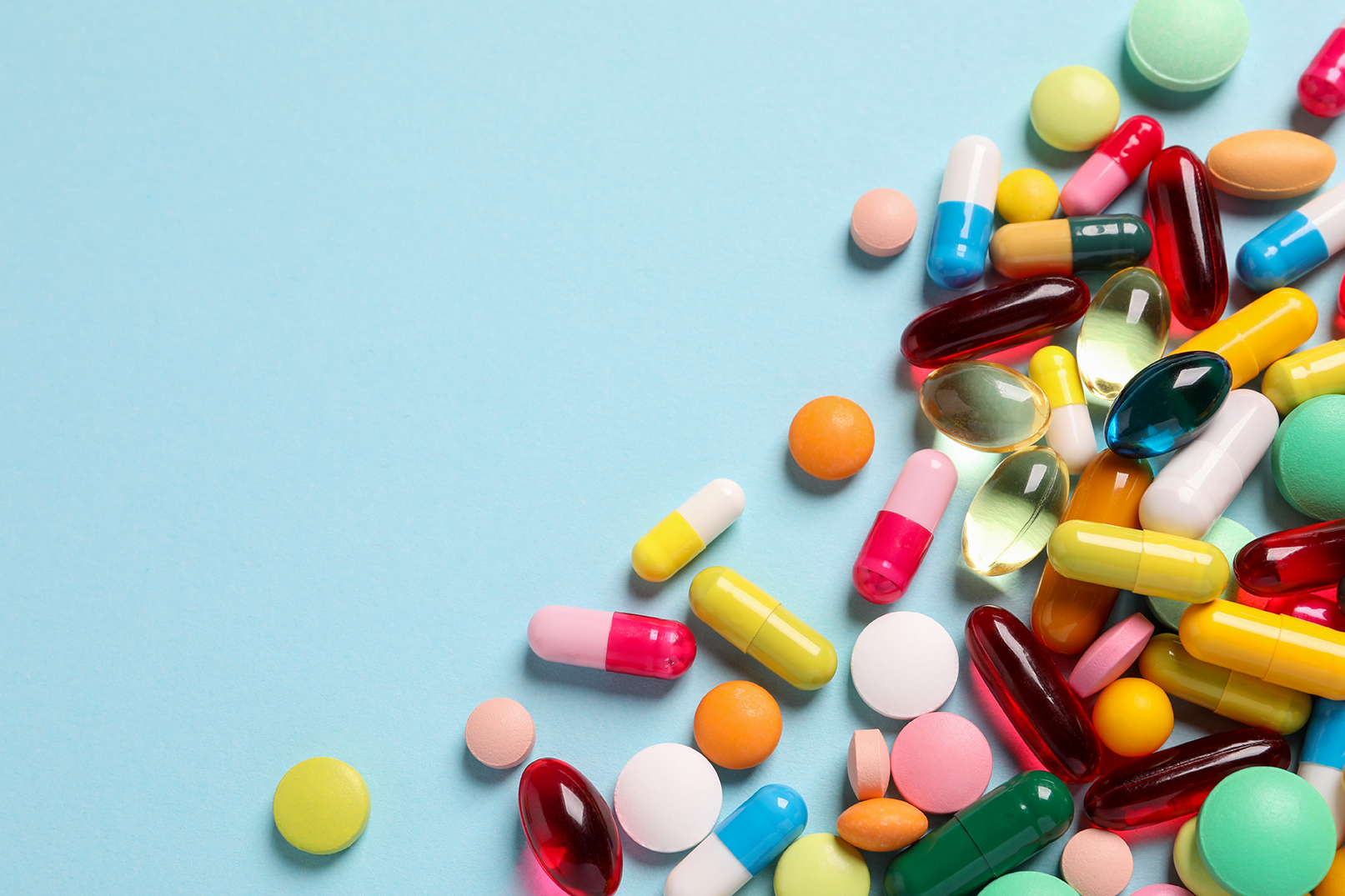 Pile of different colourful drugs related to polypharmacy