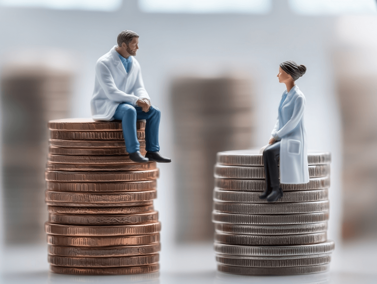 Man sitting on a larger pile of money than a woman. AI-generated image